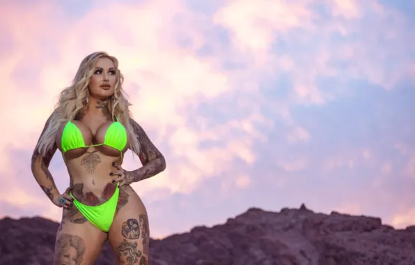 Swimsuit, the sky, mountains, model, blonde, tattoo, boobs, big Breasts