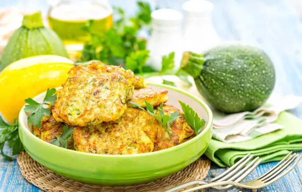 Parsley, pancakes, zucchini