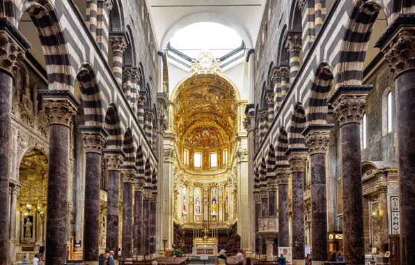 Picture Italy, arch, the altar, bench, column, Genoa, the nave, The Cathedral of San Lorenzo