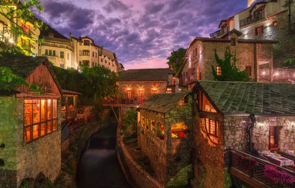 Picture night, the city, river, home, lighting, channel, Bosnia and Herzegovina, Mostar