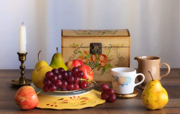 Apple, candle, grapes, Cup, pear, fruit, chest, still life