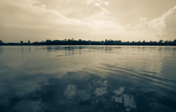 Picture the sky, water, river, stones