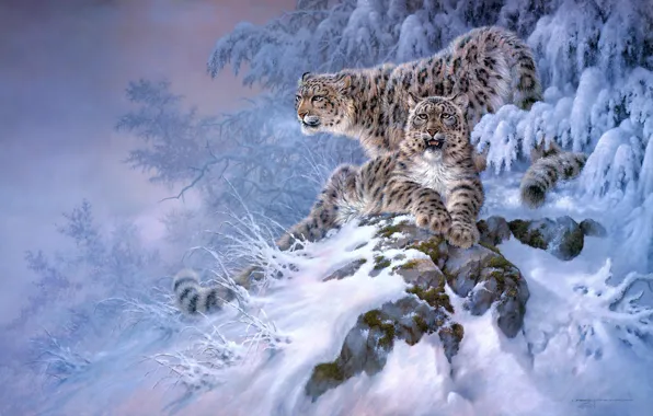 Winter, forest, snow, art, Snow leopard