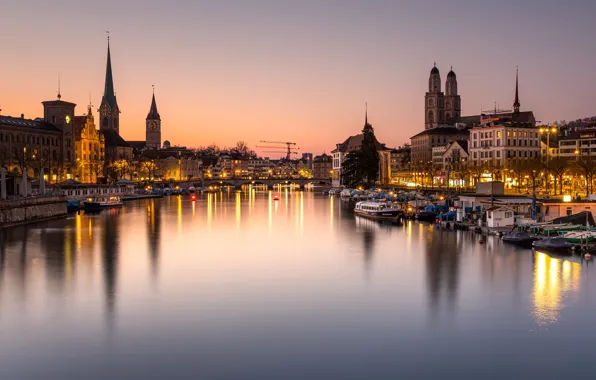 Picture bridge, lights, river, the evening, Switzerland, promenade, Zurich