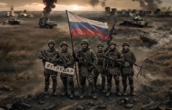 The evening, Smoke, War, Flag, Soldiers, Russia, Art, Ukraine
