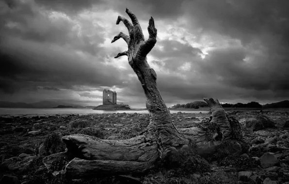 Zombie, sky, dead, fortress, clouds, rocks, sadness, stones