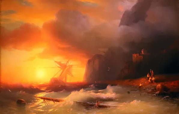Sunset, storm, rocks, oil, salvation, painting, Aivazovsky Ivan, korablekrushenie