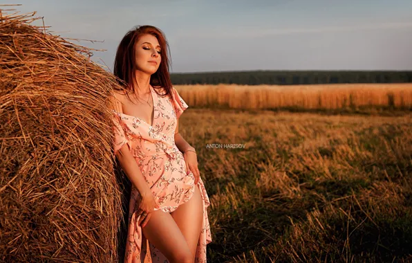 Field, girl, pose, dress, hay, legs, closed eyes, Anton Kharisov