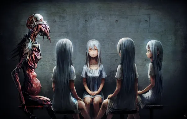 Picture girls, monster, anime, art, sitting, toi, number8