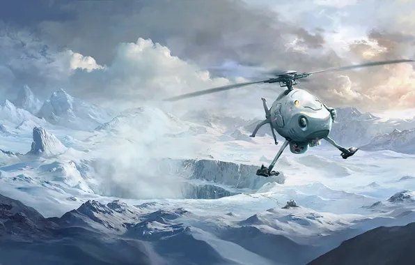 Winter, clouds, snow, mountains, art, helicopter