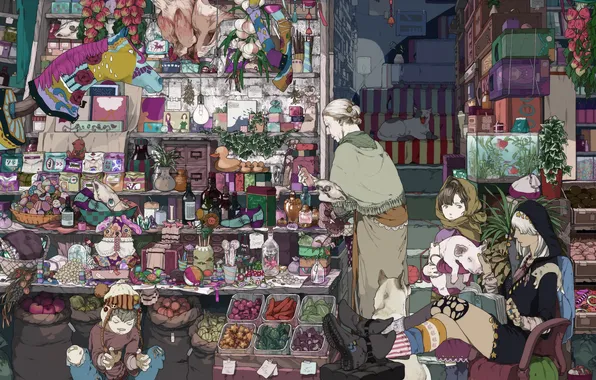 Picture cat, dog, anime, boy, girl, shop, the witch, shaman