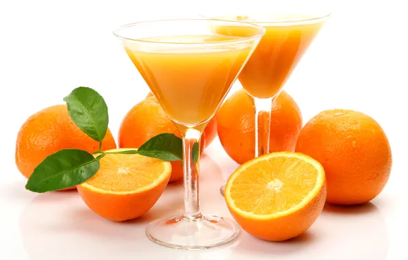 Oranges, glasses, juice, white background, drink, fruit, leaves, orange