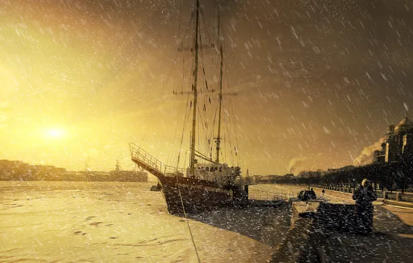Picture snow, sunset, the city, river, ship