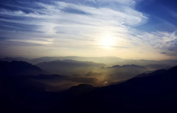 Picture the sky, the sun, clouds, mountains, fog, dawn, view, height