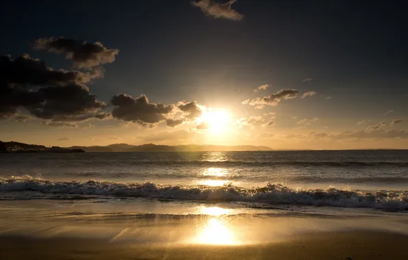 Sea, wave, beach, the sun, sunrise