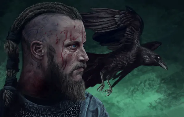 Head, warrior, Raven, raven, art, viking, Ragnar Lothbrok