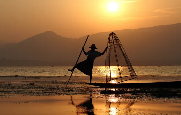 Picture sunset, network, fisherman