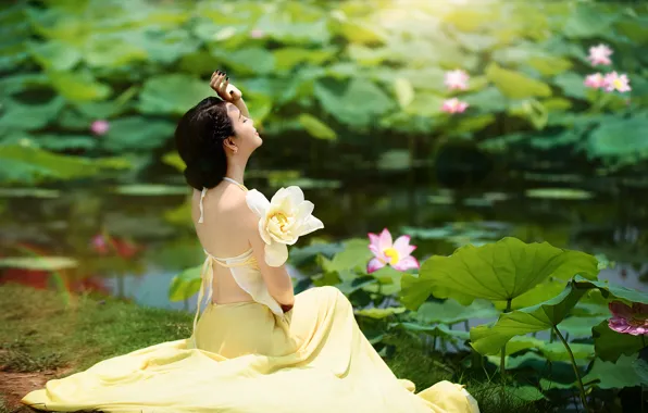 Picture girl, nature, dress, sitting
