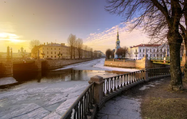 Ice, the sky, bridge, river, Church, Eduard Gordeev
