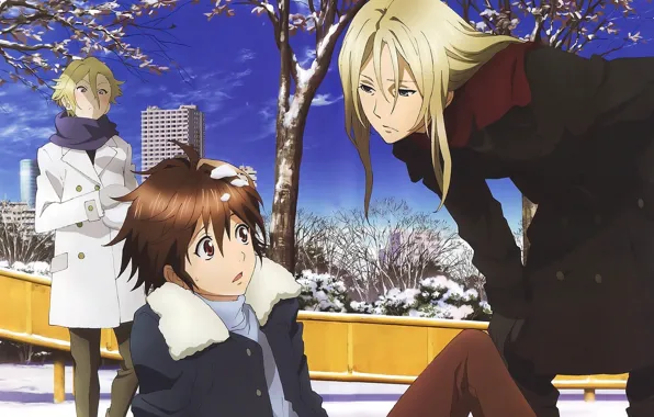 Winter, snow, skyscraper, drop, guys, on the street, guilty crown, three guys