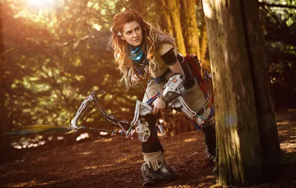 Red, girl, game, weapon, redhead, cosplay, bow, hunter