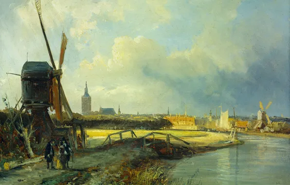 Oil, picture, canvas, windmill, The view of the Hague, Cornelis Springer