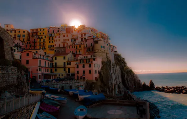 Sea, rocks, home, Italy, Manarola, Cinque Terre, The Ligurian coast