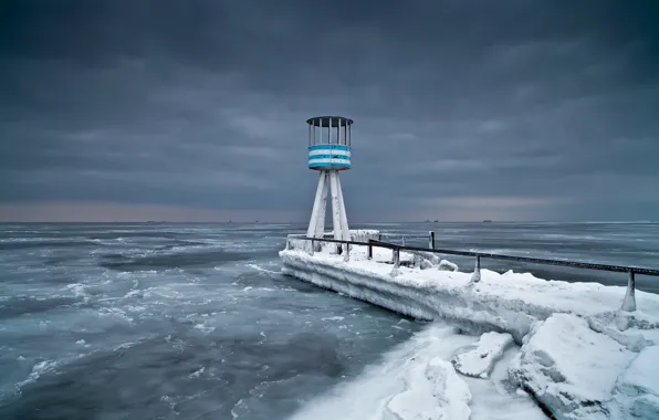 Cold, sea, shore, lighthouse