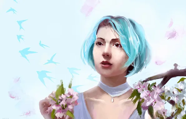 Girl, flowers, blue hair, from panda, by panda