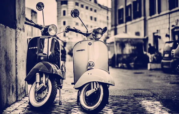 Picture the city, street, building, home, Vespa, scooters