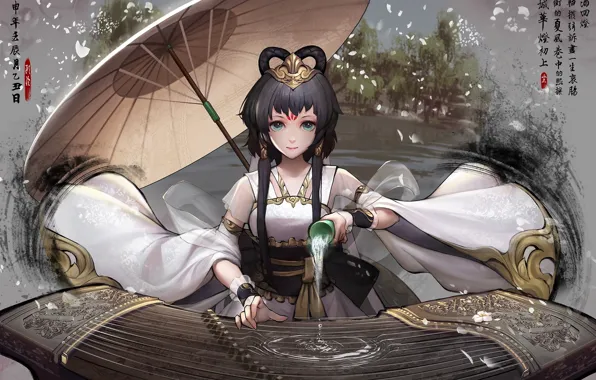 Water, glass, China, strings, umbrella, hairstyle, costume, characters