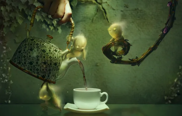 Picture leaves, branches, graphics, hand, men, kettle, the tea party, Cup