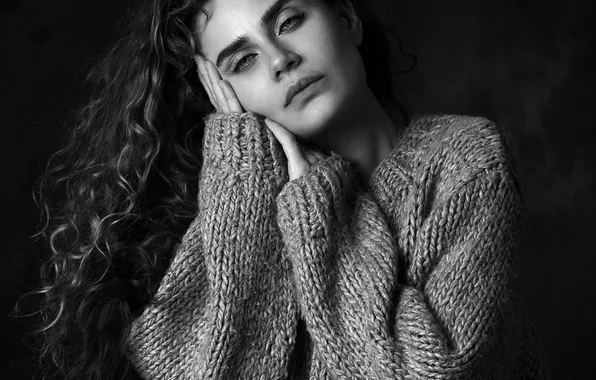 Model, portrait, black and white, photoshoot, curly, Alexander Zamyatin