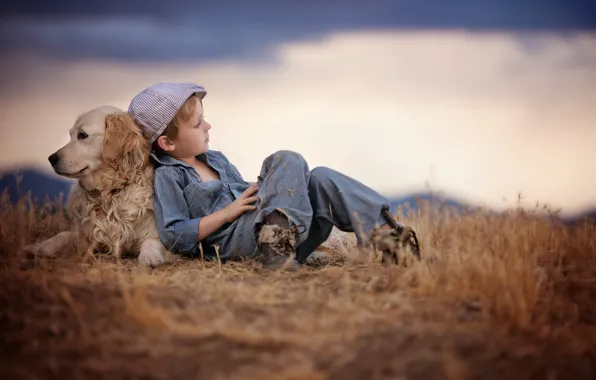 Picture grass, nature, animal, dog, boy, cap, shirt, friends