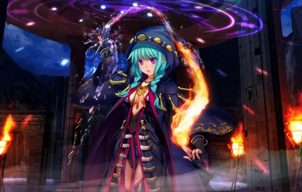 Water, fire, magic, art, hood, girl, MAG, cloak