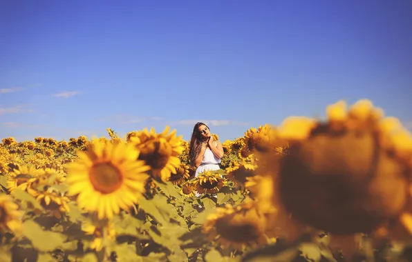Picture the sky, girl, sunflowers