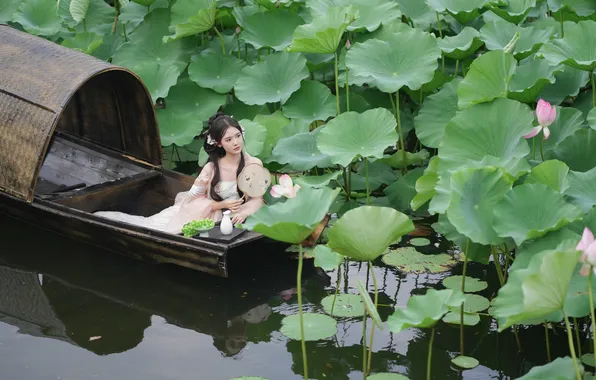 Lotus, Beautiful, Asian, Model, Flower, Water, Woman, Cute