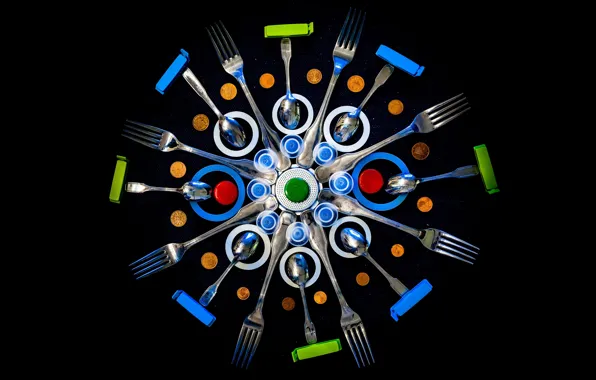 Pattern, money, round, tube, coins, black background, composition, fork