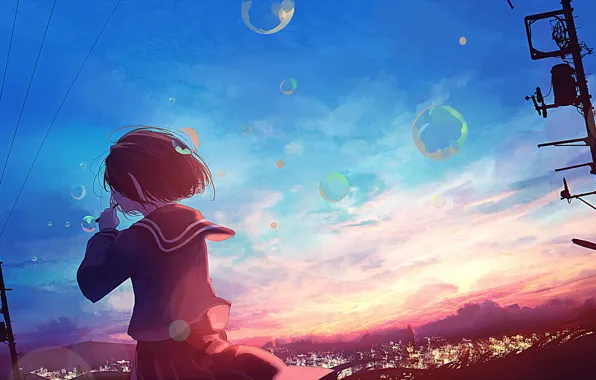 The sky, girl, sunset, the city, bubbles, school uniform