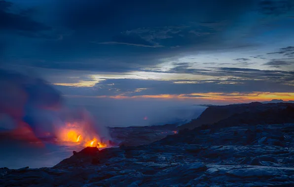 The sky, clouds, sunset, mountains, night, fog, blue, rocks