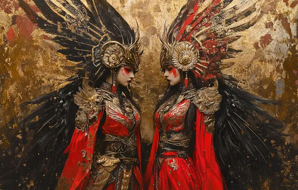 Girls, feathers, two girls, Asian girls, headdress, imitation painting, AI art, neural network