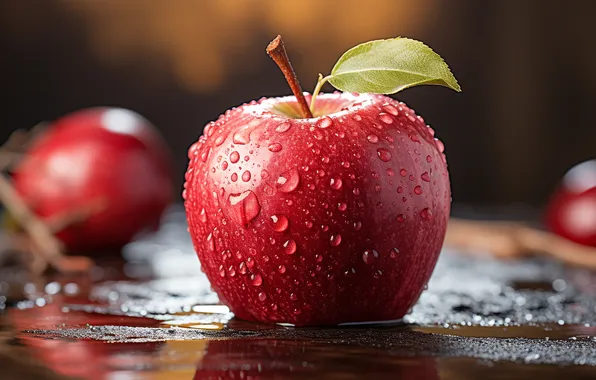 Water, drops, light, the dark background, red, apples, leaf, moisture