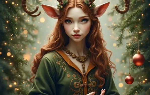 Girl, Christmas, New year, horns, elf, redhead, Christmas trees, nymph