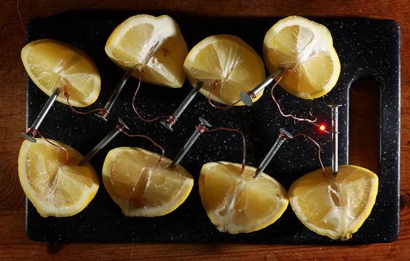 Wire, electricity, black background, nails, lemons, current, charge, alternative