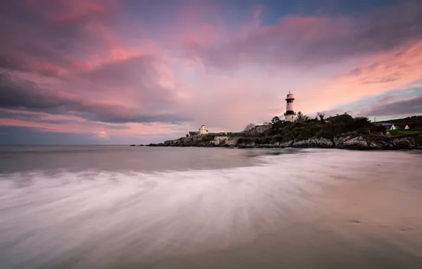 Picture sea, clouds, sunset, shore, lighthouse
