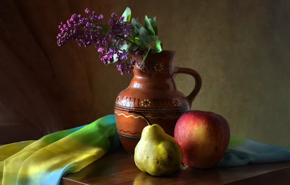 Flower, table, Apple, pear, pitcher, fruit, still life, items