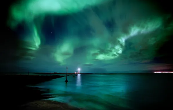 Sea, the sky, water, stars, night, lighthouse, Northern lights, Iceland
