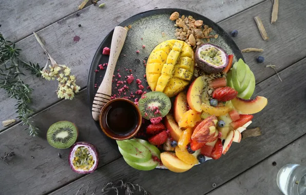 Kiwi, plate, fruit, mango, nuts, honey, wood