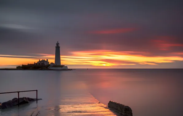 Sea, landscape, sunset, lighthouse