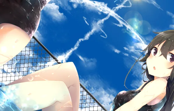Swimsuit, the sky, girl, clouds, wet, anime, pool, art